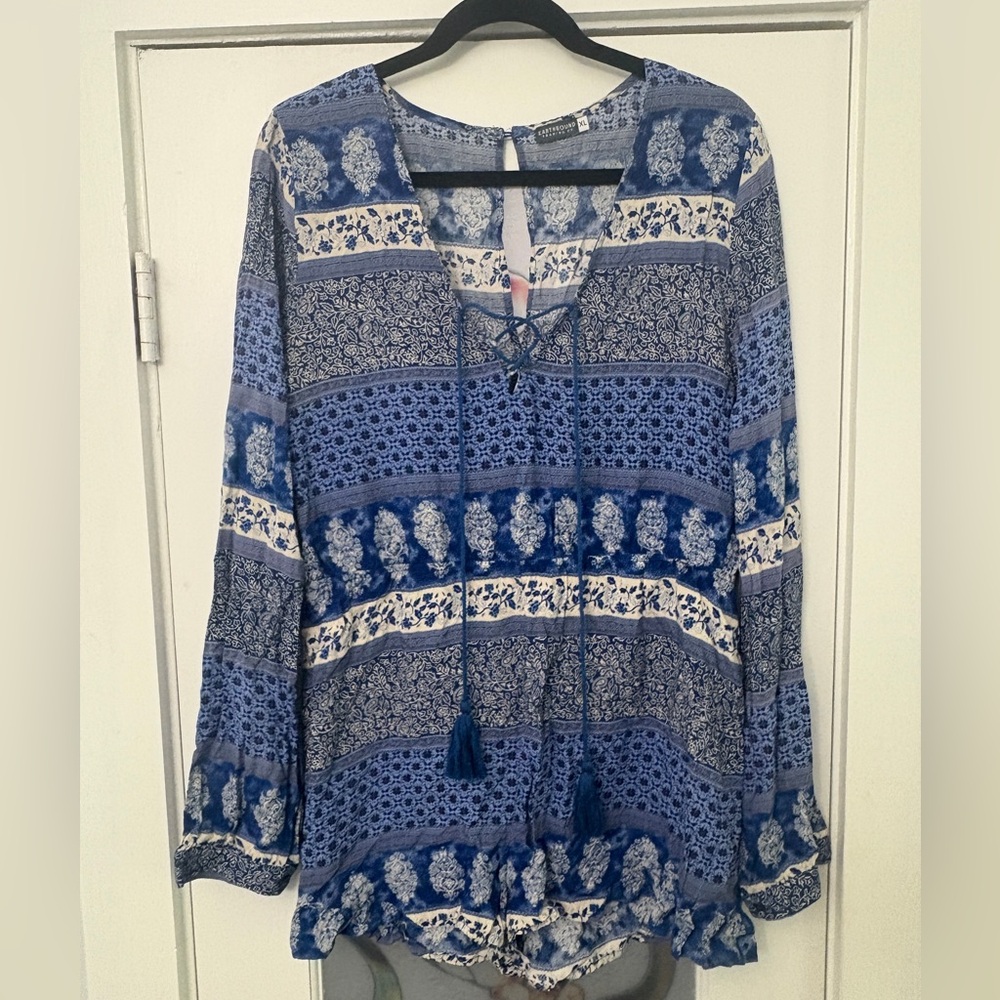 Earthbound Trading Co. Blue and White Patterned Romper